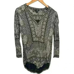 Lucky Brand Top Womens XS Beige Black Paisley Boho Pullover Lightweight